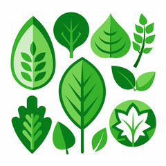 leafy green icons set on a white background, a set of green leaves