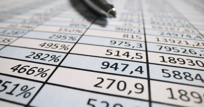 Closeup of pen on spreadsheet with large percentages
