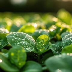 Close-up of vibrant green leaves covered in morning dew droplets, illuminated by soft sunlight, creating a fresh and serene atmosphere.