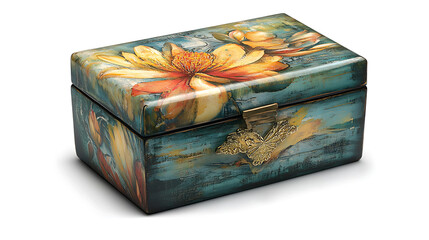 A decorative wooden box with a floral design and a butterfly hinge.