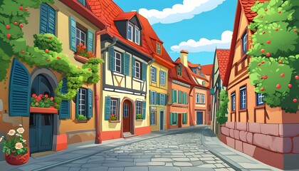 Charming Cartoon Depiction of European Streets and Quaint Architecture