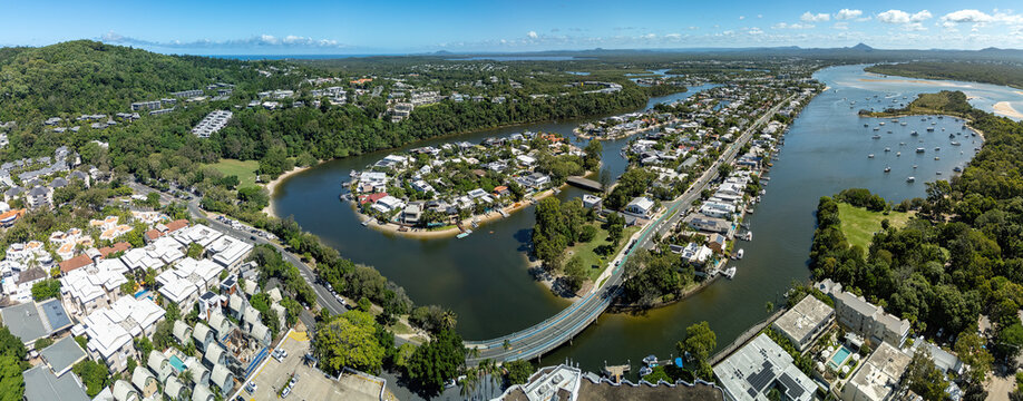 Aerial panoramic view of the stunning holiday town of Noosa on the Sunshine Coast, Queensland, Australia
