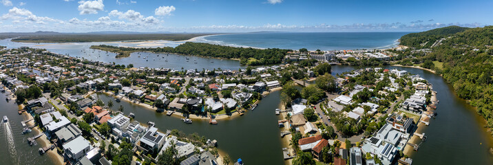 Aerial panoramic view of the stunning holiday town of Noosa on the Sunshine Coast, Queensland, Australia