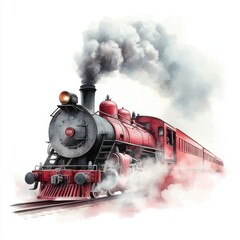 Fototapeta premium A red train with smoke coming out of the engine
