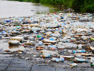 impactful image of plastic waste pollution in nature, featuring discarded bottles and debris contaminating the environment, pollution, plastic pollution and its detrimental effects on ecosystems