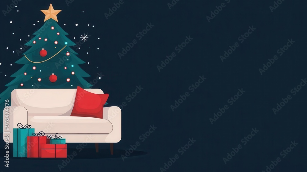 Wall mural Cozy Christmas Eve home with lights, gifts under the tree, flat design illustration