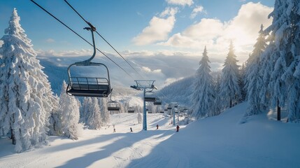 Chair lift gliding over Poiana Braeovaes snow-covered mountainside, with skiers below carving through fresh powder on a crisp, sunny winter day.