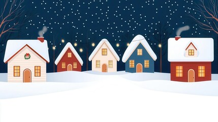 Snowy Christmas Eve street, decorated houses with warm lights, flat design illustration