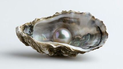 Close-up of an oyster shell with a single natural pearl inside, the nacre reflecting soft, iridescent colors, placed on a white backdrop.