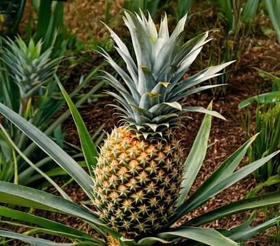 Tropical pineapple plant (Ananas comosus) with ripening fruit