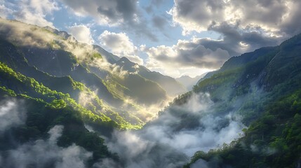 A serene mountain valley blanketed in heavy mist, with clouds hovering above, diffusing the sunlight and casting a soft, ethereal glow over the scene.