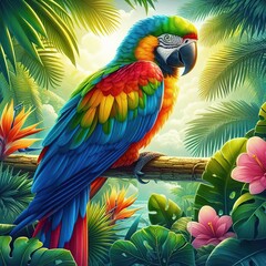 Fototapeta premium A brightly coloured parrot with iridescent feathers sits amidst the tropical jungle