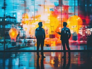 Silhouetted figures engage in dialogue against a colorful digital backdrop, symbolizing creativity and innovation in business.