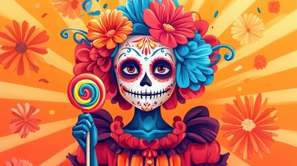 Fototapeta premium Día de los Muertos Cartoon with Lollipop: Vibrant Festive Skull Art