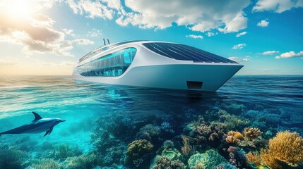 Fototapeta premium A futuristic solar-powered vessel navigating vibrant coral reefs with a dolphin nearby.