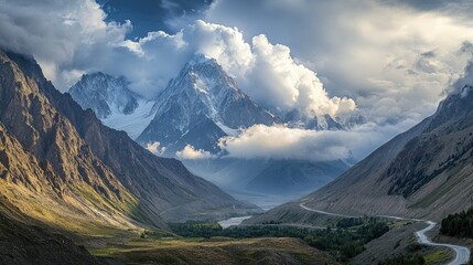 Fototapeta premium Cloud-shrouded peaks of Passu Cones stand tall, with the Karakoram Highway winding through the serene landscape of Hunza Valley, Gilgit Baltistan.
