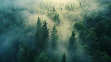 An aerial view of a misty forest with tall pine trees reaching for the sky.