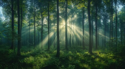 Serene Forest with Sun Rays and Mist