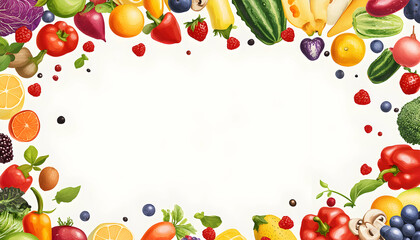 Colorful fruits and vegetables border on white background.