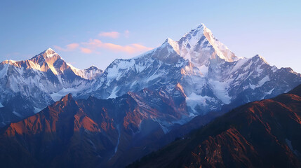 Obraz premium Majestic snow-capped mountain peaks rise against a clear blue sky at dawn.