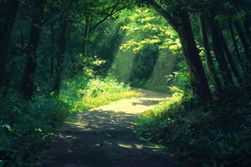 Obraz premium A Serene Nature Walk Along A Winding Forest Path, With Soft Sunlight Filtering Through The Trees And Casting A Warm Glow On The Lush Greenery. Cozy Vibe, Generative AI