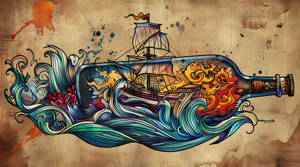 A colorful and stylized illustration of a ship in a bottle, with swirling waves and a vintage parchment background.