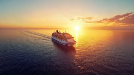 Obraz premium Cruise ship cutting through calm seas at early morning, the sun just rising over the horizon, casting golden light on the water