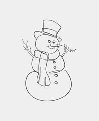 A simple one-line drawing of a cheerful snowman wearing a scarf and hat, capturing a minimalist winter design.