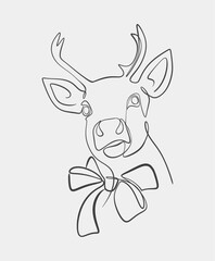 A simple one-line drawing of a Christmas deer with antlers, adorned with a decorative bow, showcasing a minimalist style.