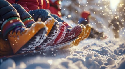 Close-up of colorful winter boots in snow during a fun sledding adventure, capturing the joy of a snowy day outdoors.