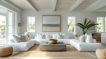 Coastal Living Room Decor Ideas with White Sofa,  Beach Painting, and Woven Accessories
