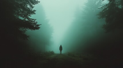 A solitary figure stands amidst the misty forest, shrouded in mystery and surrounded by thick trees and swirling fog.