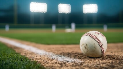 A close-up view of a baseball diamond under stadium lights, with players warming up on the field, baseball diamond, stadium lights, players warming up
