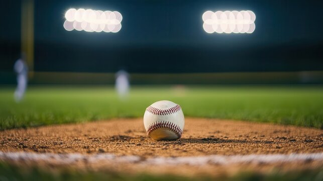 A close-up view of a baseball diamond under stadium lights, with players warming up on the field, baseball diamond, stadium lights, players warming up - Powered by Adobe