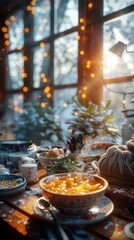 Fototapeta premium Cozy winter morning with breakfast table, fairy lights, and a snowy window. Perfect for holiday or seasonal themes.