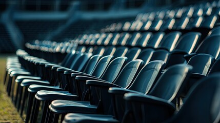 Empty rows of plastic stadium chairs in an outdoor sports arena, ready to host fans for a football match or concert.
