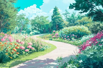 Fototapeta premium A Serene Nature Walk Through A Sunlit Orchard, With Rows Of Fruit Trees And The Warm Light Creating A Cozy, Inviting Atmosphere. Cozy Vibe, Generative AI 