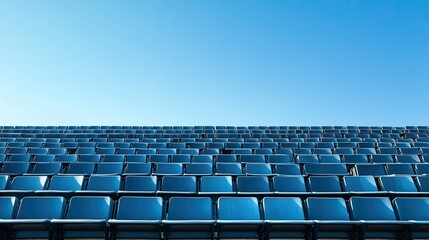 Fototapeta premium Empty rows of stadium seats in an outdoor arena, awaiting fans for a football or soccer game under clear skies.