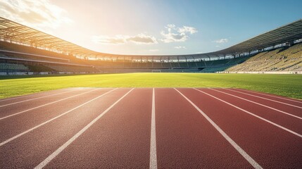 Empty running track encircling a football pitch in a large stadium, bathed in sunlight, creating a clean and organized sports environment.