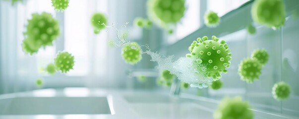 Detailed depiction of bacteria colonies on a bathroom countertop, emphasizing the importance of cleanliness to prevent the spread of germs.