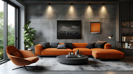 Modern Living Room Design with Orange Sofa and Concrete Wall