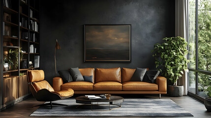 Modern Living Room Design with Leather Sofa, Dark Walls, and Natural Light