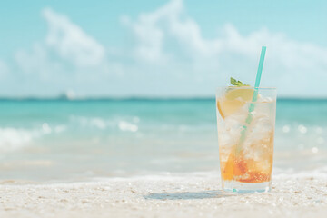 Refreshing Summer Drink on Sandy Beach with Ocean View
