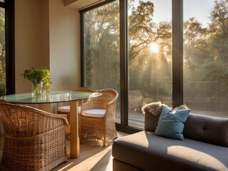 Obraz premium Modern Living Room with Glass Doors and Sunlight Streaming Through Trees