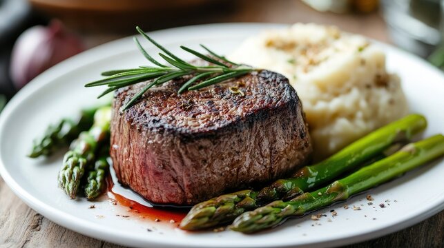 Fine cooked filet mignon on a white plate, garnished with a rosemary sprig and served with a side of truffle mashed potatoes and asparagus spears.