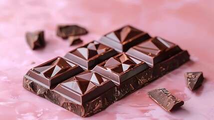 Dark Chocolate Bar with Broken Pieces on Pink Background
