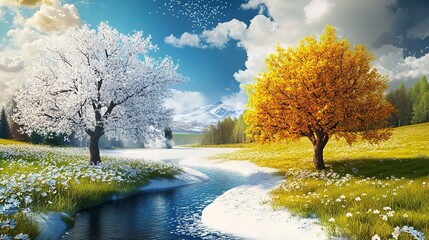 Change of seasons from winter to spring and summer .generative ai