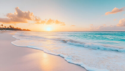 Obraz premium Crystal-clear turquoise waters with gentle waves lapping at a pristine beach under a golden sunset