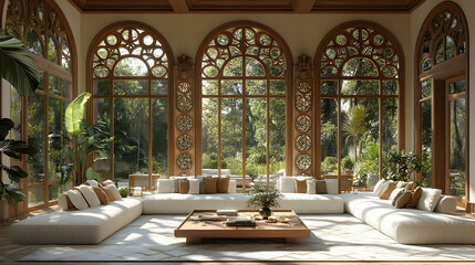 Spacious Living Room with Large Windows and Natural Light, Modern Interior Design with Lush Greenery