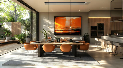 Modern Dining Room Design with Orange Abstract Art and Natural Light
